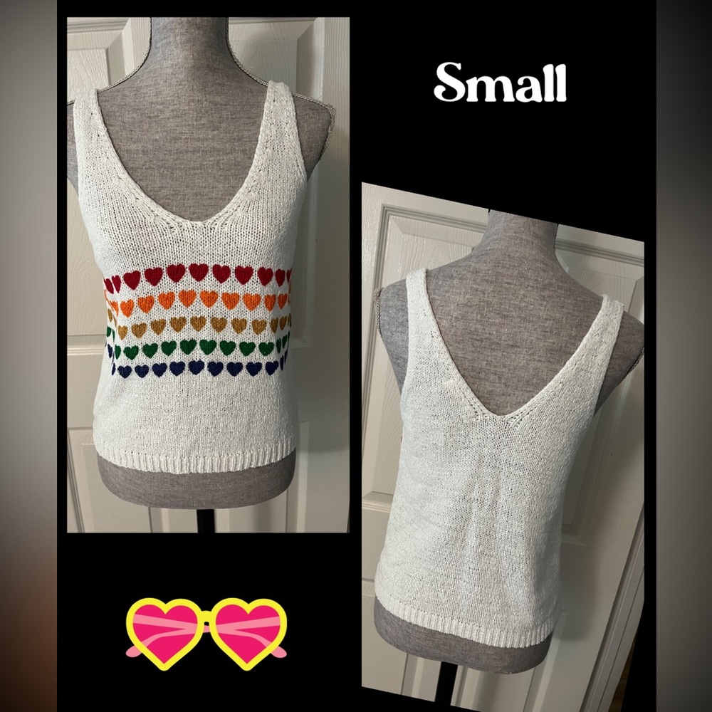 🆕 Moon & Madison Colorful heart Cream 🧶 knit tank SZ:Sm